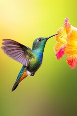 Obraz premium A dazzling hummingbird flits toward a vibrant hibiscus flower in gentle sunlight