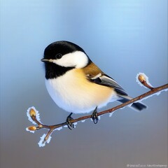 A charming bird perched on a frosty branch during a serene winter morning