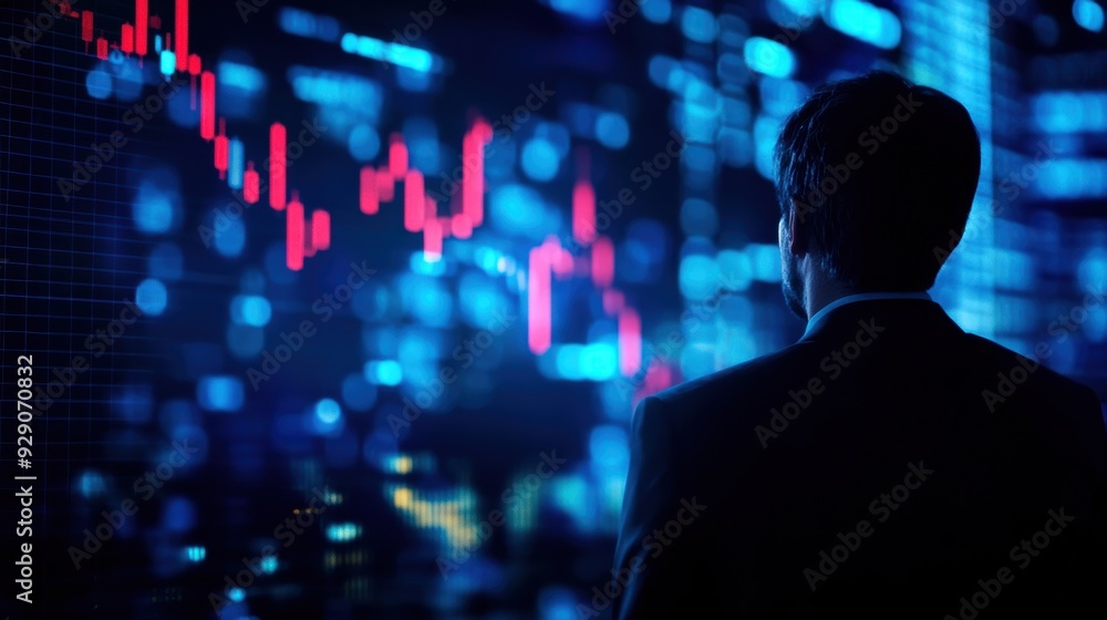 Poster man observing stock market trends on a large digital screen, depicting a financial or trading concep