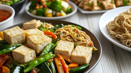 Vibrant 3D Rendered Traditional Vegetarian Dishes Featuring Tofu Stir Fried Vegetables and Noodles Arranged on a Minimalist Table with Ample Copy Space