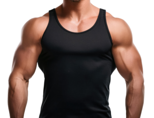 Strong male model showcasing muscular physique in black tank top, perfect for fitness-related content.