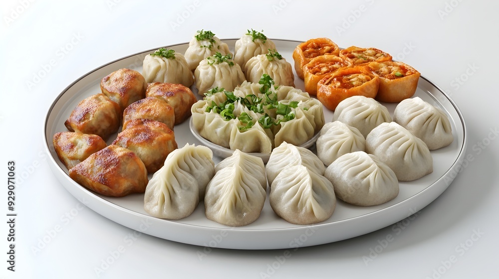 Poster elegant 3d rendered plate of vegetarian dim sum including steamed buns and dumplings presented in a 
