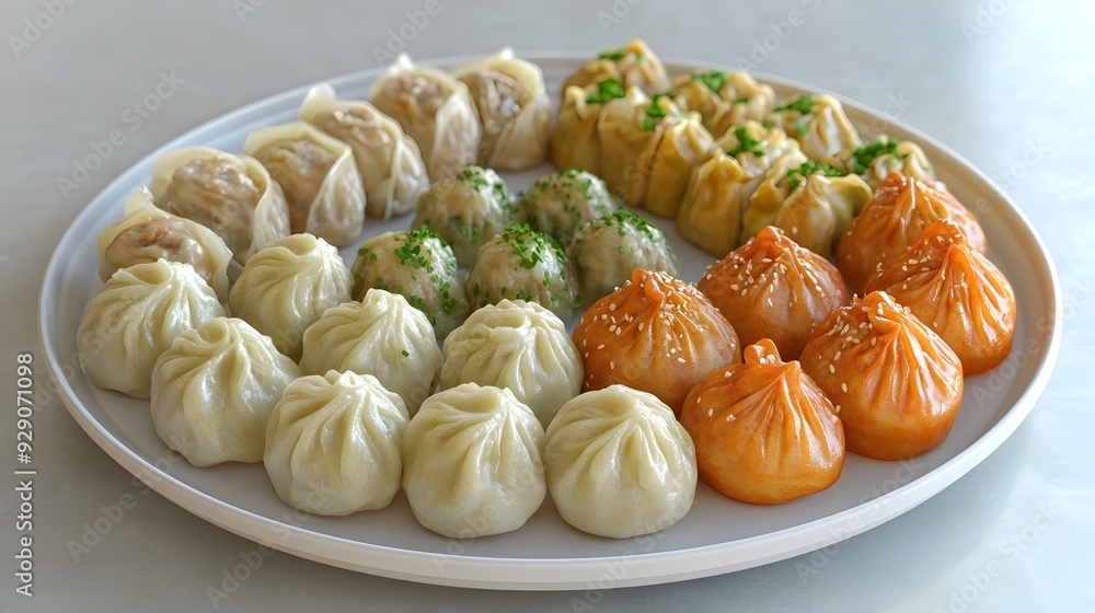 Poster elegant 3d rendered plate of vegetarian dim sum featuring steamed buns and dumplings in a minimalist