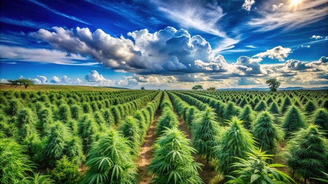 Rugged Texas landscape with rows of lush green hemp plants swaying in the wind, under a vast blue sky with puffy white clouds.