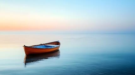Fototapeta premium Peaceful morning landscape with a boat sailing on the calm glassy surface of the serene sea under a dramatic sky at sunrise or sunset