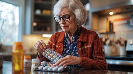 An elderly woman carefully sorts her pills into a weekly organizer in her bright kitchen