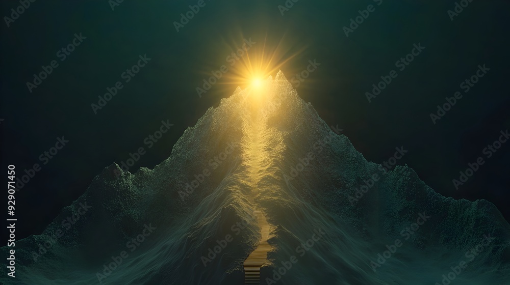 Poster 3d rendered image depicting a set of stairs leading up to a majestic mountain peak with a guiding li