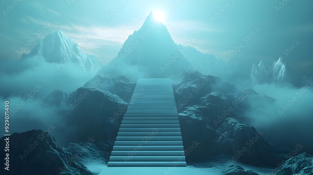 Poster a 3d rendered image depicting a set of stairs leading up to a mountain peak representing the symbol 