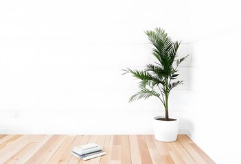 A potted palm plant in a minimalist interior setting with a plain white wall and wooden floor