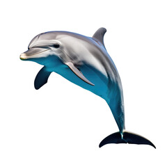 Fototapeta premium A playful dolphin leaps gracefully out of the water, showcasing its sleek body and joyful nature in a vibrant ocean setting.