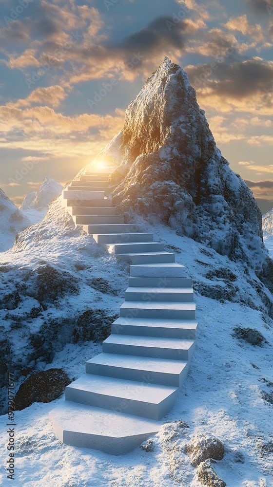 Poster a 3d rendered image of a set of stairs leading up a towering mountain peak symbolizing the journey t