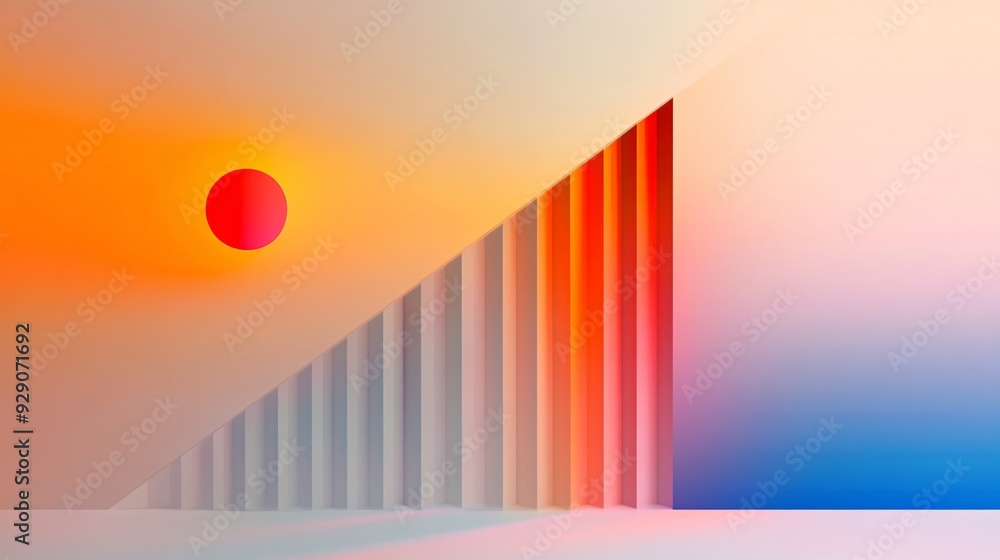 Wall mural A vibrant abstract composition featuring a stylized sun and geometric shapes in warm and cool tones.