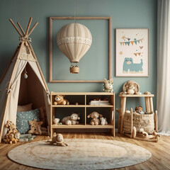  Mock up frame close up in children room with natural wooden furniture, 3D render 