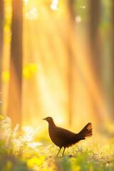 A solitary bird stands gracefully in a sunlit forest at dawn, surrounded by golden rays