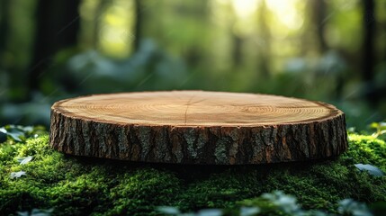 Wooden Podium on Mossy Ground in Forest with Green Background for Product Presentation - Close-Up of Wood Slice with Copy Space
