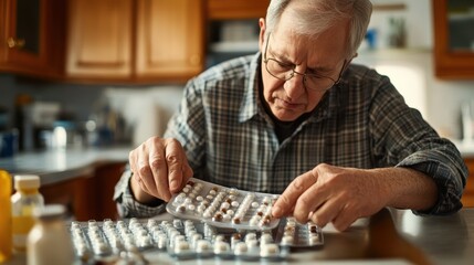 An elderly man carefully sorts his medications at a kitchen table in the morning