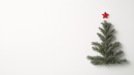 Minimalistic Christmas tree banner, white background with a single green tree, small red star on top, space for messaging