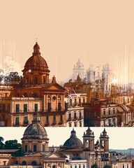 Fototapeta premium Sicily Skyline Double Exposure Art Poster - A group of buildings with a dome roof