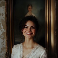 Fototapeta premium Radiant bride s joyful smile captured in elegant white wedding suit showcasing her happiness and beauty on her special day