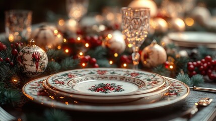 Elegant Holiday Table Setting with Festive Decorations and Tableware