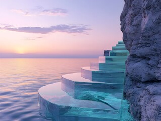 A 3D rendered image of sleek transparent glass stairs leading up an ocean cliff bathed in the soft golden light of dawn  This symbolic pathway represents the journey of success growth