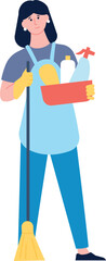 Woman with broom and cleaning detergents. Maid color character