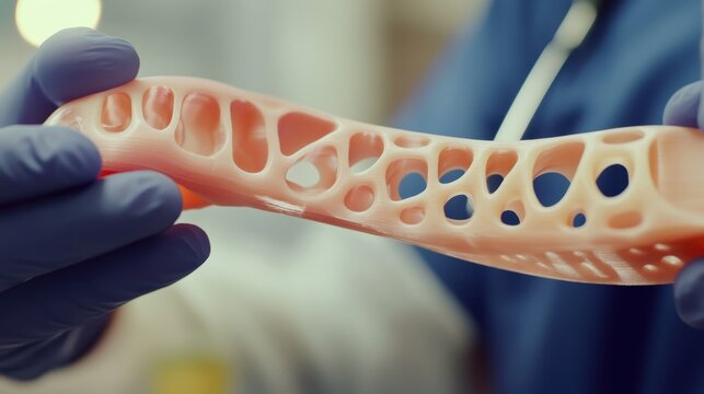 A researcher demonstrates a flexible elastomeric material with unique porous structure in a laboratory