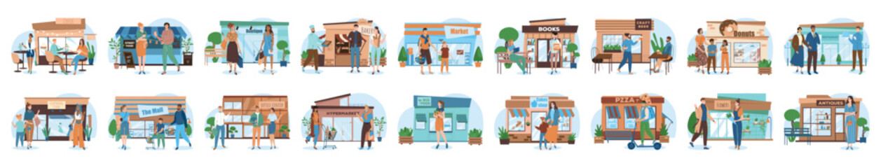 Bundle of street shop concepts with people scene in flat cartoon design. A large selection of colorful images of men and women against the background of street shops. Vector illustration.