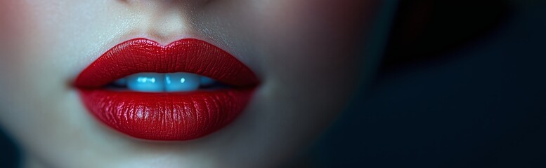A macro shot highlights the vibrant red lips with a glossy finish, emphasizing their shape and rich color against a dark background.