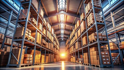 Fototapeta premium Rustic metal shelving units stretch towards the ceiling, lined with cardboard boxes and crates, in a dimly lit, expansive industrial warehouse interior space.