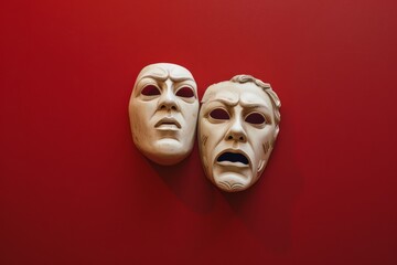 Two theatrical masks with deeply expressive faces against a bright red backdrop, symbolizing drama and emotion.
