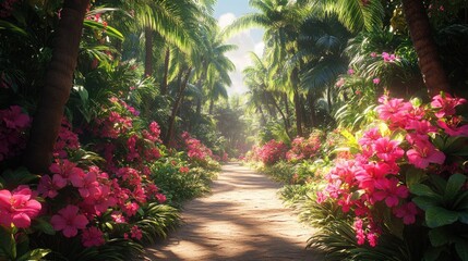 Lush Tropical Garden with Vibrant Flowers and Palm Trees
