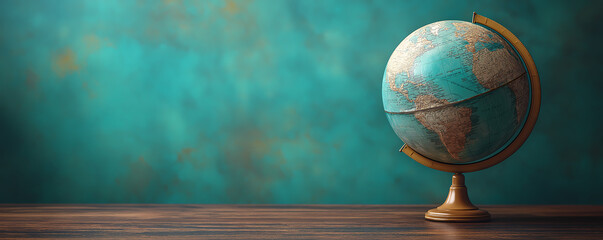 A classic world globe sits on a wooden desk against a textured teal background, emphasizing geography and global exploration.