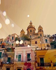 Procida Island Double Exposure Skyline Art - A building with a dome on top