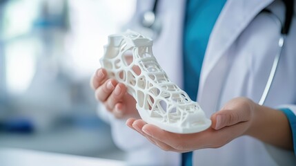 A doctor displays a lightweight, custom 3D-printed shoe designed for orthopedic support