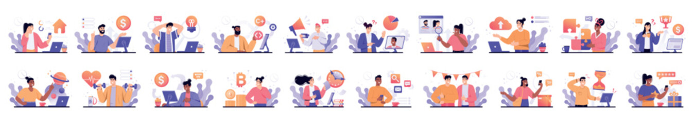 Mega set of color simple concepts with people scene in flat cartoon design. A big collection of scenes with men and women in various situations in purple, yellow and pink colors. Vector illustration.
