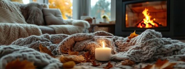 Evenings by the fireplace and cozy blankets. autumn - winter mood, home comfort by the fireplace - lounge area of ​​the house