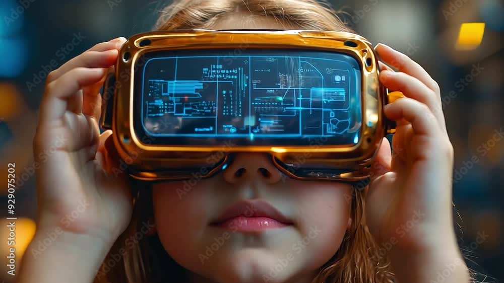 Poster a child engages with virtual reality goggles, immersing themselves in a vibrant and high-tech space 
