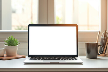 Laptop on table with white screen