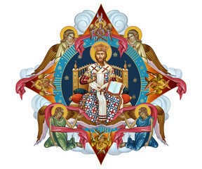 Jesus Christ the greatest Bishop sitting on the throne. Bright religious dome with apostles and angels in sky. Illustration in Byzantine style isolated