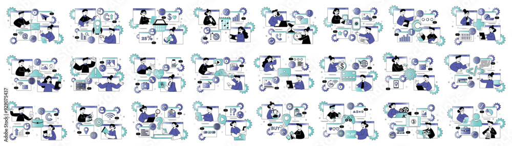 Aufkleber bundle of gradient concepts with people scene in flat cartoon design. the set of illustrations is ma
