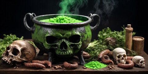 A witch's cauldron made of forged iron placed on the wooden table with skull, guts and chemistry on dark background. Halloween illustration, copy space or banner or wallpaper