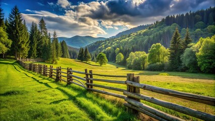 Rustic wooden fence serves as a barrier, dividing lush green meadows and dense forests, creating a sense of separation and isolation in a serene natural setting.