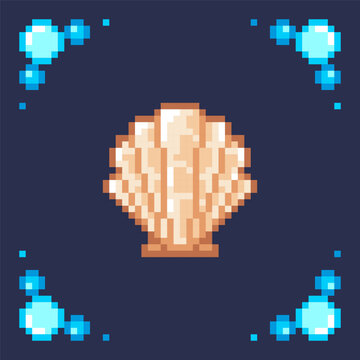 Pixel art icon of shell in frame: Game asset for creating 8bit 2d game with elements of fishing and crafting.