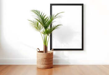 A black picture frame on a white wall with a potted plant in the foreground