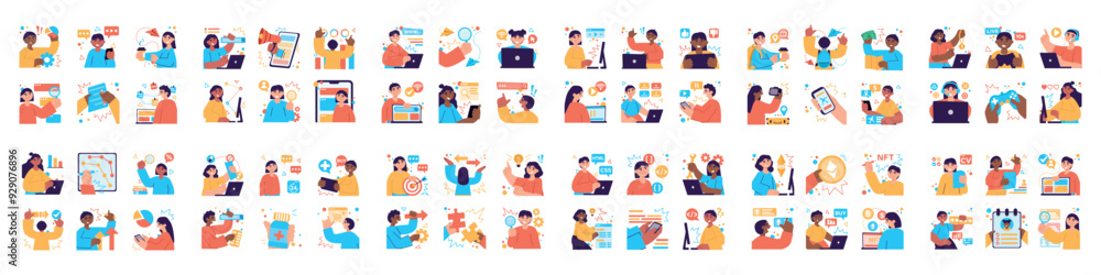 Poster mega set of different simple concepts with people scene in flat cartoon design. the collections in t