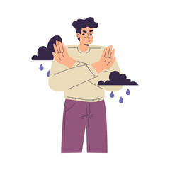 Negative Emotion with Man Character Deny or Reject Express Feeling Vector Illustration