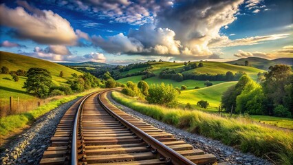 Rustic wooden railway tracks winding through a serene rural landscape with rolling hills and a cloudy blue sky in the background.