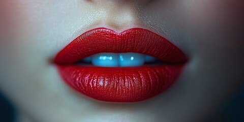 Obraz premium A close-up shot highlights the rich color and texture of lush red lips, accentuated by soft, diffused lighting.