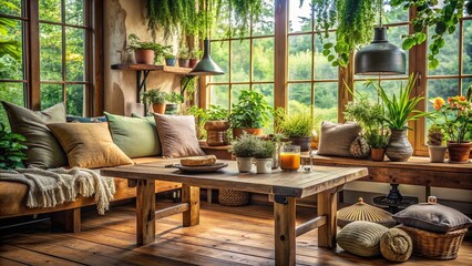 Fototapeta premium Rustic wooden table centered in a cozy, natural light-filled room with vintage decorations, comfortable cushions, and lush greenery, evoking warmth and relaxation.